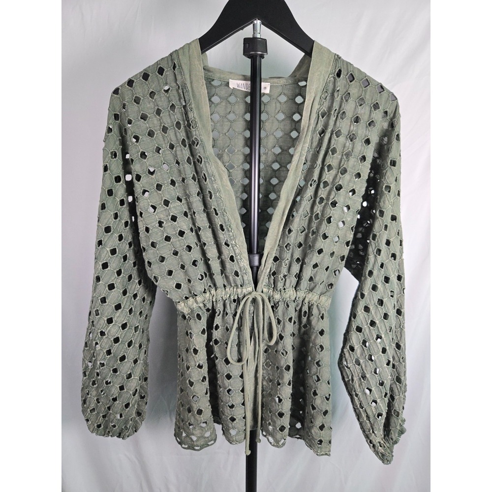 Olive Green Eyelet Cutout Tie Front Cardigan Sz Medium Earthy Lagenlook Festival
